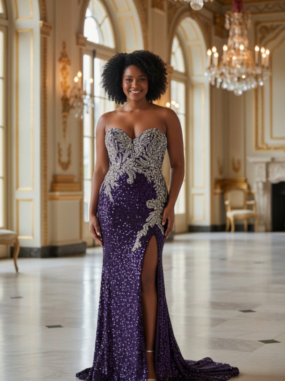 Portia and Scarlett Purple Sequin Prom Dress with Silver Beaded Appliqué
